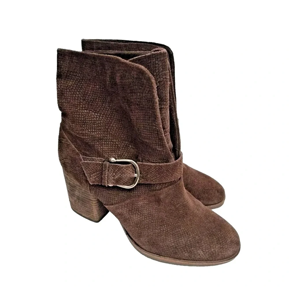 Isola‎ Lavoy Bootie Women's Brown Suede Block Heel Buckle Slip On Shoes Size 10M